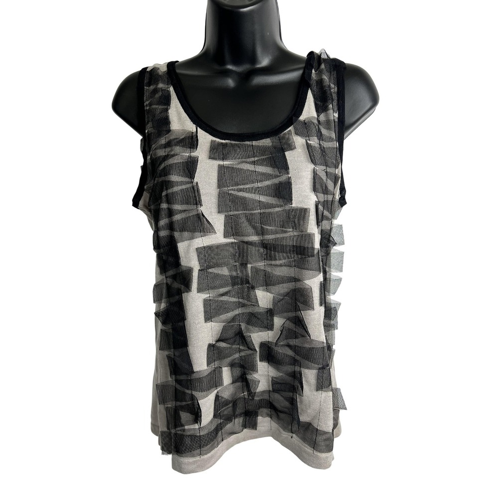 Nic + Zoe‎ Tank Top Womens Petite Medium Gray Black Sheer Mesh Overlay Abstract